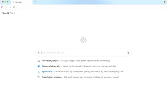 오픈AI가 21일(현지시간) 공개한 인공지능(AI) 브라우저 '챗GPT 아틀라스'의 첫 화면. 검색창 대신 채팅창에서 에이전트(기능)이 제시되어 있다. 사진 오픈AI