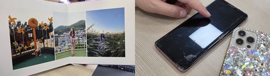 10·29 이태원 참사 희생자인 카자흐스탄 국적 고(故) 셰르니야조프 마디나가 한국에서 지냈을 때 찍었던 사진(왼쪽)과 이태원 참사 당시 그가 소지하고 있었던 휴대전화의 모습(오른쪽). 사고 당시 충격으로 휴대전화 액정이 깨졌다고 한다. 사진 유족 제공