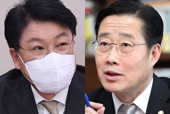단일화 '전권대리인'으로 나섰던 장제원 국민의힘 의원과 이태규 국민의당 총괄선대본부장. 김상선 기자, 연합뉴스