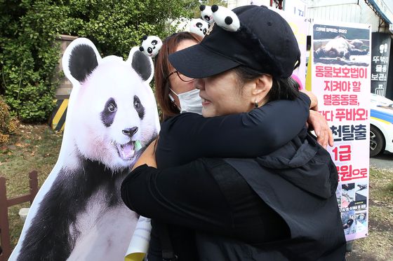판다 '푸바오'를 사랑하는 인터넷 커뮤니티 '푸바오구출대작전' 회원들이 30일 오후 중국 시진핑 주석의 경주 방문을 앞두고 경주시 황남동 내남네거리에서 푸바오의 사육 환경 개선을 요구하는 기자회견 도중 푸바오 생각에 서로 부둥켜안으며 위로하고 있다. 뉴스1