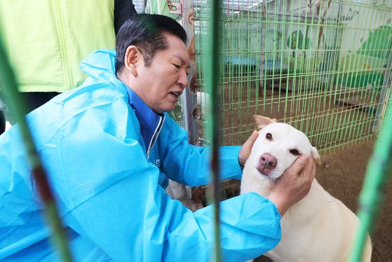 정청래 더불어민주당 대표가 9일 용인시 처인구의 한 유기견 보호소를 봉사활동차 방문해 유기견과 인사를 나누고 있다. (공동취재) 뉴스1