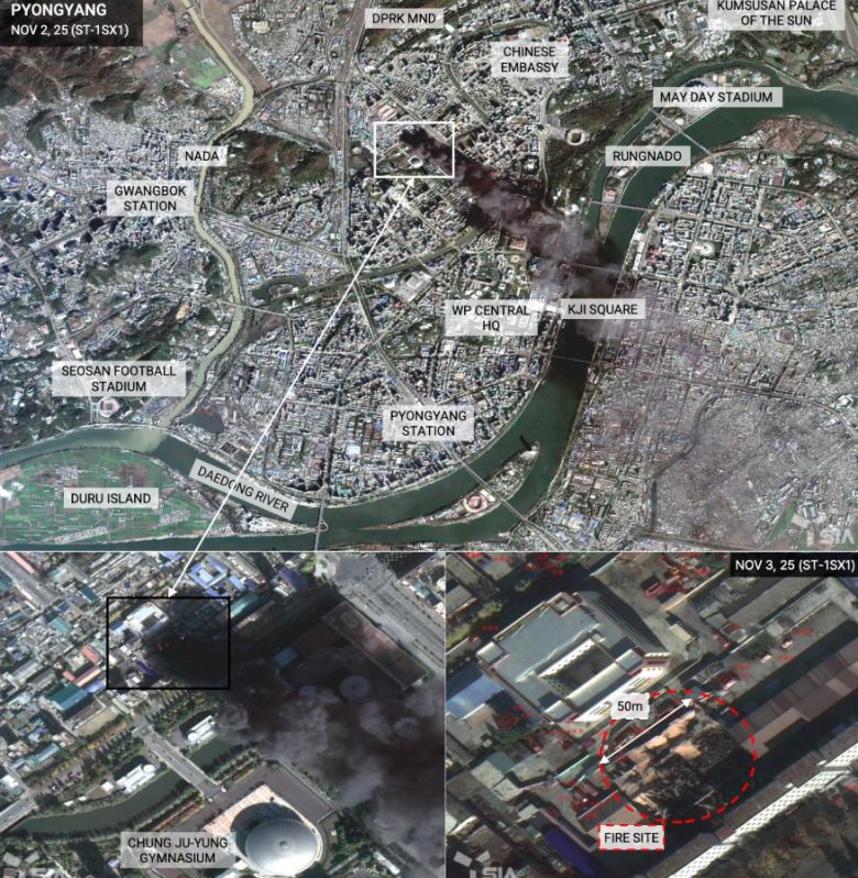 2일 북한 평양 도심에서 발생한 화재와 다음 날 확인된 피해 상황을 보여주는 고해상도 위성사진. 사진 SI-Analytics