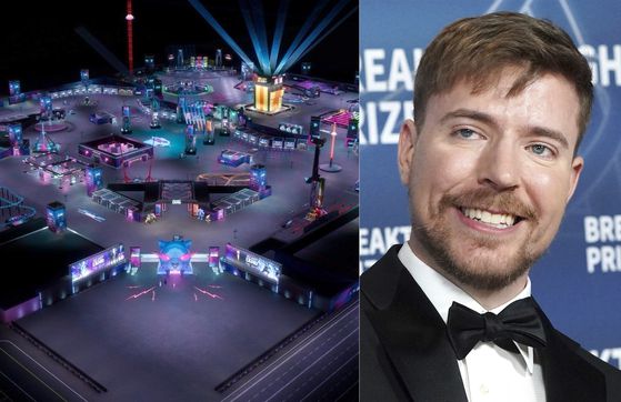 미스터비스트(오른쪽)가 지난 6일 소셜미디어(SNS)로 소개한 테마파크 ‘비스트랜드’. 사진 엑스 캡처