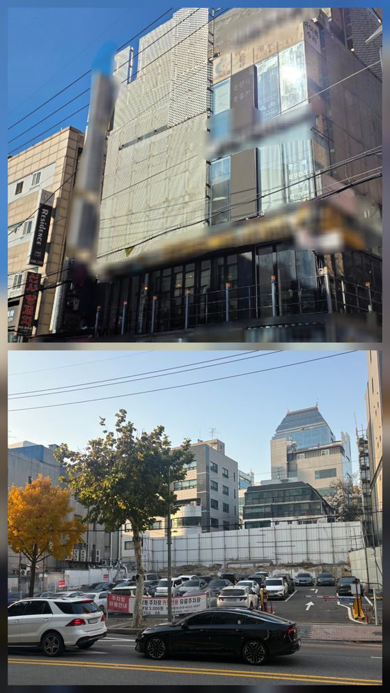 (위) 정영학 회계사 측이 지난 2020년 173억원에 사들인 서울 강남구 신사동 토지와 건물. (아래) 남욱 변호사 측이 지난 2021년 300억원에 매입한 서울 강남구 역삼동 토지. 이영근·이아미 기자