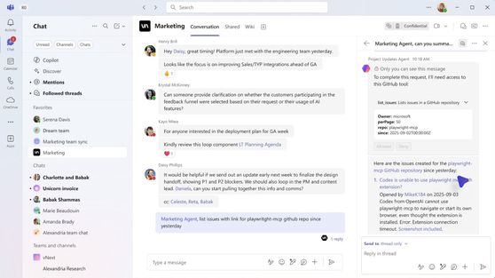마이크로소프트 팀즈(Teams)에서 AI 에이전트가 깃허브(GitHub)와 연동해 프로젝트 이슈를 자동으로 불러와 요약해주는 모습. 사용자가 채팅창에 요청을 입력하면 에이전트가 필요한 권한을 확인한 뒤 관련 데이터를 조회해 바로 결과를 제시한다. 사진 MS