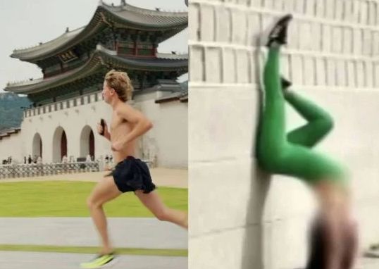 경복궁에서 상의를 탈의 한 채 러닝하는 외국인(왼쪽)과 틱톡에 올라온 베트남 여성의 요가 장면. SNS 캡처