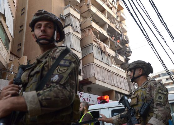 23일 이스라엘이 공격한 레바논 베이루트 남부 교외의 아파트. 신화=연합뉴스