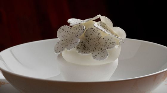 박정현 셰프와 협업한 레스토랑 ‘제이피 앳 루이 비통’의 메뉴 라이스 아이스크림. 한국 식재료인 쌀로 만든 디저트로, 루이 비통의 플라워 상징 모티브로 마무리해 두 문화를 함께 녹여냈다. 사진 루이 비통