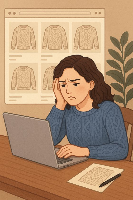 해외 쇼핑몰에서 자신의 뜨개 스웨터 디자인이 무단으로 판매되는 것을 발견한 뜨개 작가의 모습. 사진 챗GPT