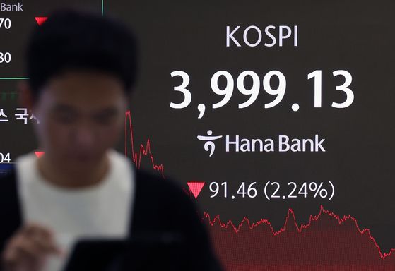 16일 서울 중구 하나은행 본점 딜링룸에 코스피 종가가 3999.13을 기록하고 있다. [뉴스1]