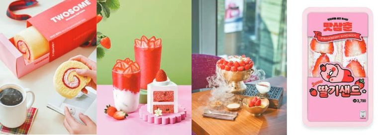 다양한 형태로, 선택의 폭이 넓어진 딸기 디저트들. 사진 왼쪽부터 투썸플레이스의 롤케이크, 할리스의 설향 생딸기 음료와 케이크, 파크 하얏트 서울의 딸기 말차 빙수, GS25의 딸기 샌드위치.