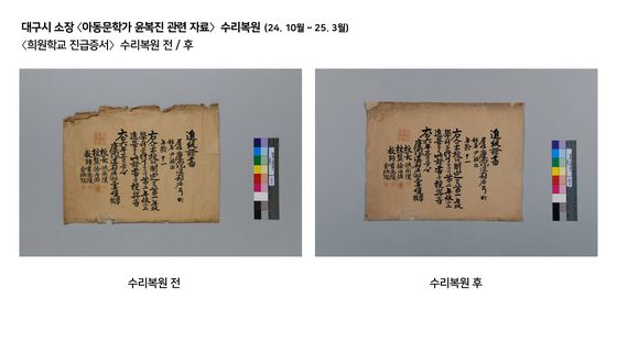 '아동문학가 윤복진 관련 자료' 중 '희원학교 진급증서' 수리복원 전 후 모습. 사진 대구간송미술관