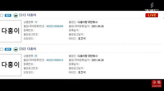 김용호가 공개한 다홍이 관련 상표. 사진l유튜브 가로세로연구소 캡처