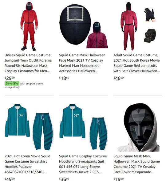 아마존 쇼핑몰에서 판매중인 ‘오징어 게임’ 불법복제 굿즈. 사진l아마존