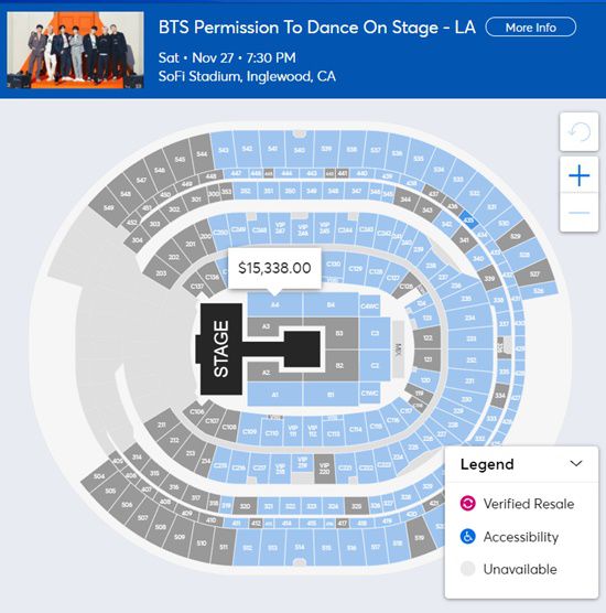 방탄소년단 `퍼미션 투 댄스 스테이지` 미국 콘서트 티켓 리셀러들이 높은 가격의 암표를 내놔 눈총을 받고 있다. 사진｜티켓 마스터 예매 화면 캡처