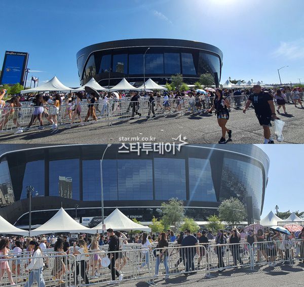 방탄소년단 콘서트가 열리는 라스베이거스 얼리전트 스타디움 앞에 관객들이 길게 입장 줄을 서 있다. 사진|박세연 기자