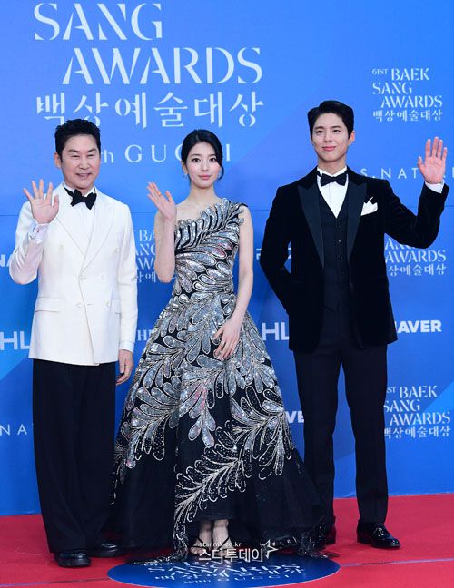 ‘백상예술대상’ MC 신동엽 수지 박보검. 사진ㅣ유용석 기자