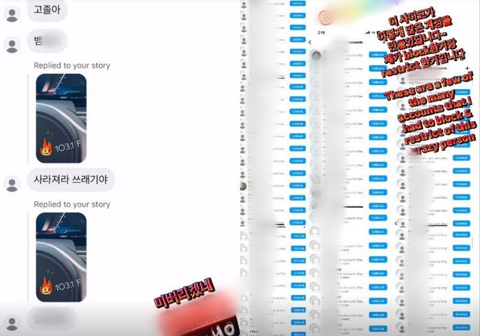브라이언이 공개한 악플러의 메시지와 차단 계정. 사진|브라이언 SNS
