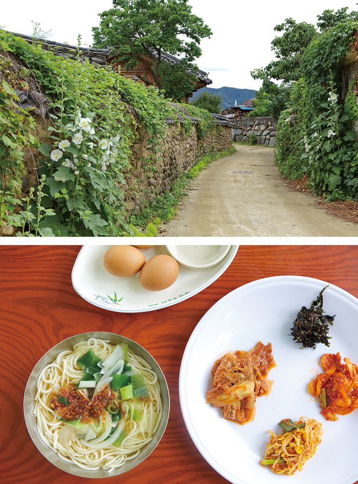 (위) 삼지내마을 돌담길 (아래) 진우네집국수