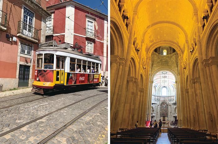 (좌) 리스본을 상징하는 28번 트램이 알파마 지구를 관통한다. (우) 알파마 지구의  랜드마크인 리스본 대성당 내부 모습