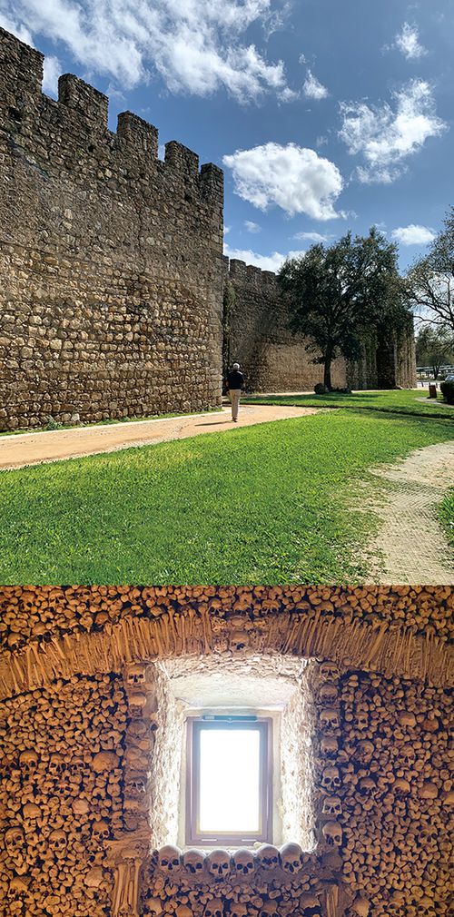 (위) 중세 성벽으로 둘러싸여 있는 도심  (아래) 인간의 두개골과 뼈로 덮여 있는 뼈 예배당