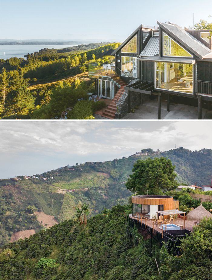 (위) 뉴질랜드 타우포에 위치한 아카시아 클리프 로지는 산 속 오두막 느낌이다. (아래) 계곡 전망을 바라보며 묵을 수 있는 콜롬비아 아타르데세레스 델 카페
