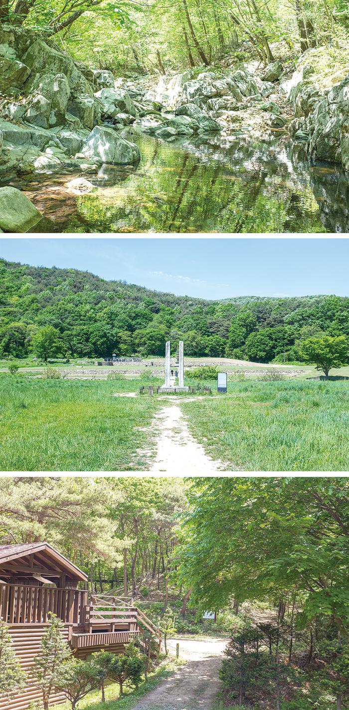 (위로부터) 맑은 물이 흐르는 용현계곡, 보원사지 당간지주, 용현자연휴양림