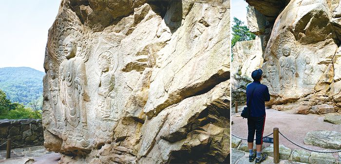 (좌) 바위에 새겨진 서산마애삼존불
