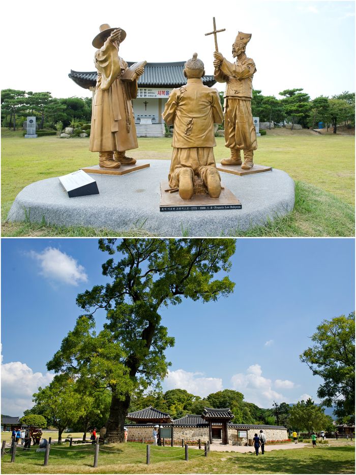 (위) 옛 순교장면을 재현한 동상 (아래) 해미읍성 순교터