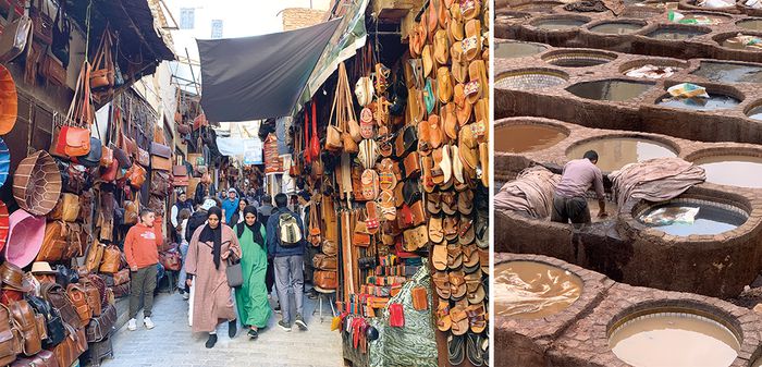 (좌) 가죽생산과 판매가 페즈 경제의 주축을 이룬다. (우) 모로코 페즈는 중세시대부터 오늘날까지  오로지 수작업으로만 가죽 생산이 이뤄진다.