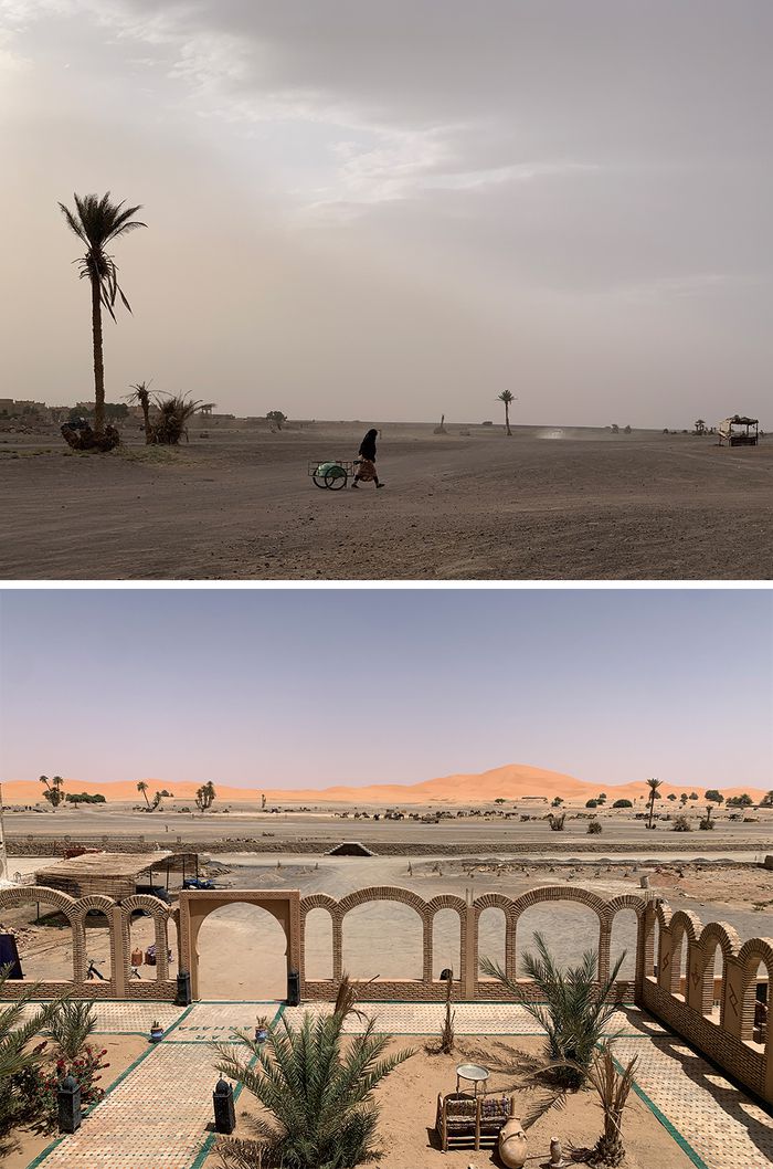 (위) 하시라비드 사막마을 전경 (아래) 호텔 테라스에서 바라다본 사하라 사막
