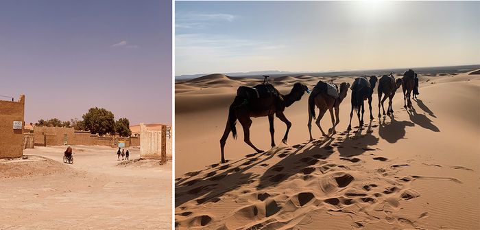 (좌)흙으로 지어진 사막마을의 주택 풍경 (우) 광활한 모래언덕의 사하라 사막