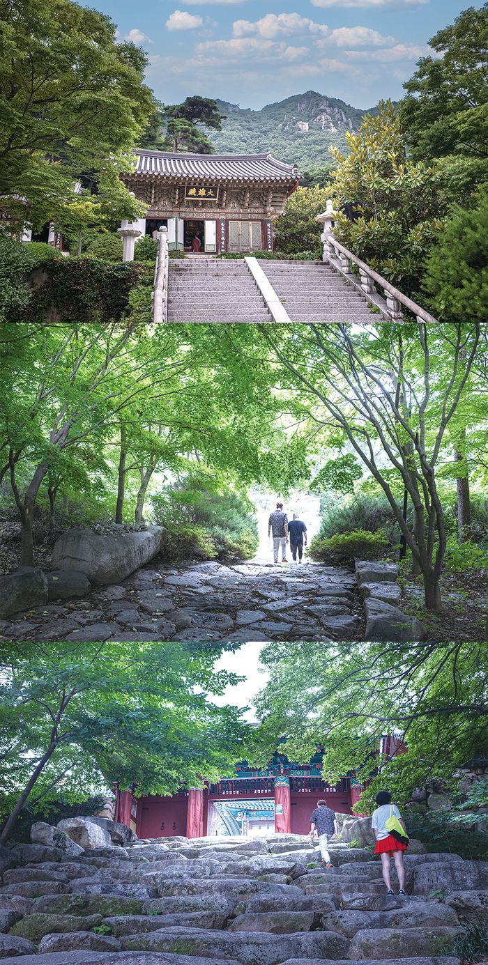 (위로부터)신어산 중턱에 자리잡은 은하사 오르는 길