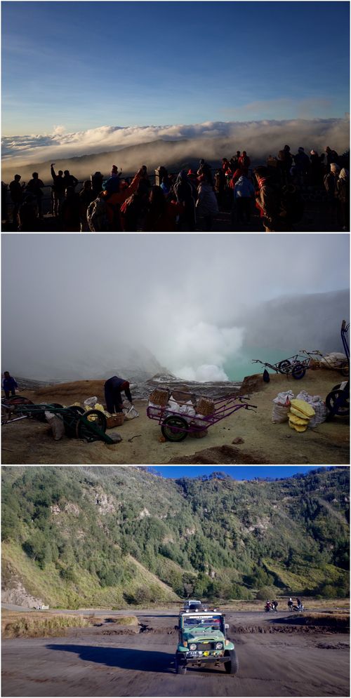 (위로부터)브로모산 일출 전망대, 이젠산에서 유황을 캐는 주민의 모습, 지프차를 타고 브로모산 분화구 인근까지 이동한다.