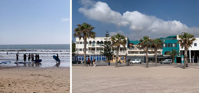 서핑의 천국이라 일컬어지는 모로코 에사우이라 해변, 야자수가 늘어선 에사우이라 도심 풍경
