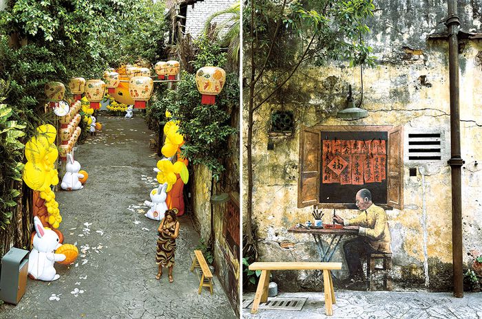 등불과 벽화로 장식된 콰이 차이 홍 거리