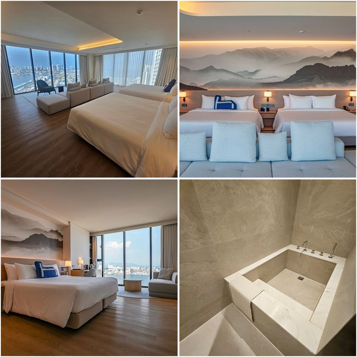 (왼쪽 위로부터 시계 방향)홈 스위트 객실 전경. 객실 침대의 헤더보드에는 속초의 명산 설악산을 모티브로 한 작품이 걸려 있다. 욕조가 설치된 스위트룸, 그랜드 디럭스룸
