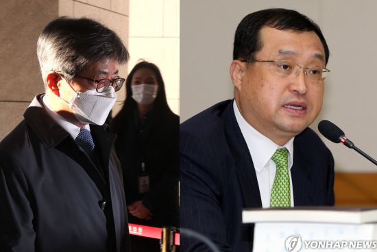 지난 8일 서울 서초동 대법원으로 출근하고 있는 김명수 대법원장(왼쪽)과 임성근 부산고법 부장판사./문호남 기자 munonam@ , 연합뉴스