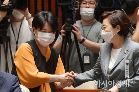 주택임대차법과 관련한 5분 연설로 화제를 모으고 있는 윤희숙 미래통합당 의원이 4일 국회에서 열린 긴급 의원총회에 참석, 김정재 의원들과 인사를 나누고 있다./윤동주 기자 doso7@