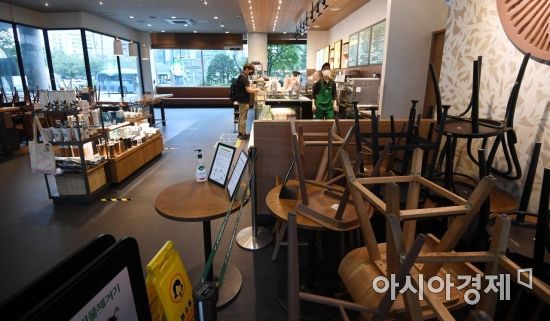 신종 코로나바이러스감염증(코로나19) 재확산 차단을 위한 ‘사회적 거리두기 2.5단계’가 시행된 가운데 31일 서울 중구의 한 프랜차이즈형 커피 전문점 매장에 좌석을 치워 놓은 채 포장 주문 고객들만 보이고 있다. 거리두기 강화 지침에 따라 앞으로 다음달 6일 자정까지 프랜차이즈형 커피 전문점은 영업시간과 관계없이 포장· 배달 주문만 가능하다. 또 수도권 일반 음식점, 휴게 음식점, 제과점은 오후 9시부터 다음날 오전 5시까지 포장· 배달 주문만 된다./김현민 기자 kimhyun81@