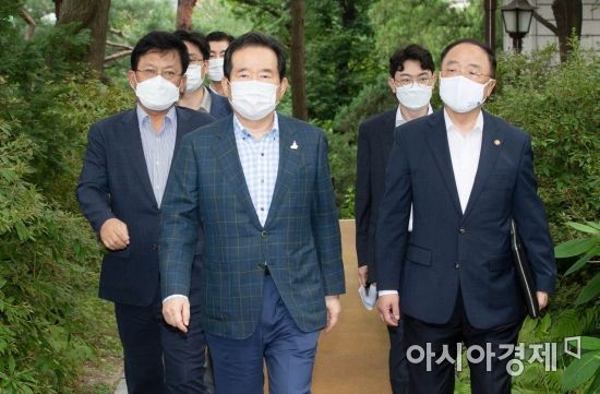 정세균 국무총리와 홍남기 경제부총리 겸 기획재정부 장관이 6일 서울 종로구 총리공관에서 열린 고위당정협의회에 참석하고 있다. /문호남 기자 munonam@