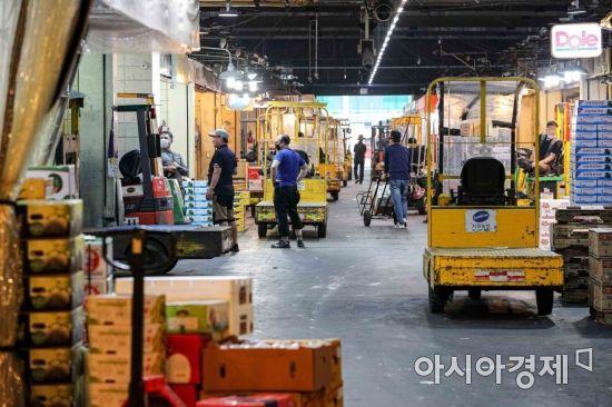 추석 성수기를 앞두고 지난 장마로 농산물 가격이 급등하고 있는 9일 서울 송파구 가락농수산물시장에서 관계자들이 과일상자를 싣기 위해 대기하고 있다./강진형 기자aymsdream@