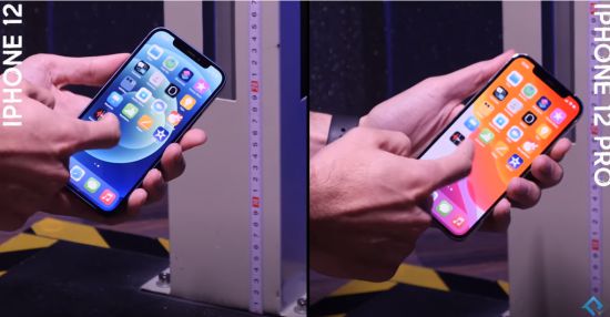 아이폰12와 12 프로 낙하 테스트 후에도 전면 액정은 멀쩡하다.(출처=유튜브 폰버프)