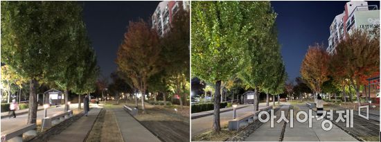 야간촬영 모드가 지원되지 않는 아이폰X(왼쪽)과 아이폰12(오른쪽)의 결과물은 확연히 차이가 난다. 아이폰12에서는 전후면 카메라에 야간모드가 적용돼 나뭇잎부터 하늘, 인물까지 더 선명하고 밝게 표현된다.