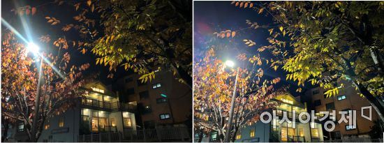 아이폰X(왼쪽)는 가로등이나 해 등 빛이 강할 때 반사가 심한 반면 아이폰12(오른쪽)는 조명을 은은하게 표현해준다.사진 오른쪽에 빛이 반사되어서 녹색 점처럼 나타났는데, 일명 고스트 현상은 아이폰12에서도 해결되지 않았다.