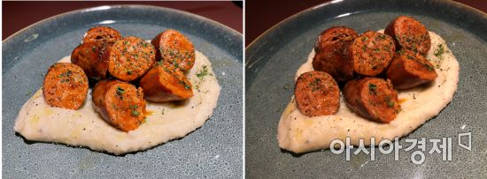 아이폰12 미니(좌)로 촬영한 음식, 접시가 아이폰X(우)로 촬영한 사진보다 더 밝게 나왔다.