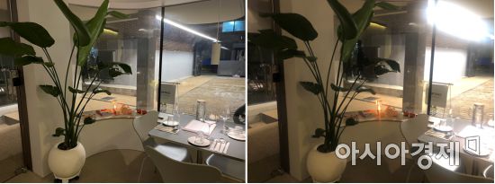 아이폰12 미니(좌)와 아이폰X(우)으로 촬영한 저조도 실내 사진. 아이폰12 미니에서는 외부 조명이 밝아도 실내 화분, 테이블, 식기류가 선명하게 찍혀있지만 반면 아이폰X의 결과물은 조명이 퍼지고 노출이 제대로 조절되지 않아 사물이 제대로 표현되지 않았다.