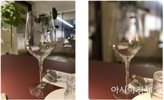 아이폰12 미니 인물사진 모드로 촬영한 와인잔(왼쪽)과 아이폰X로 촬영한 와인잔. 아이폰12 미니는 광각 렌즈 덕분에 인물사진 모드도 멀리서 찍힌다. 잔과 멀어질수록 잔의 윗부분 형체는 잘 인식하지 못했다.