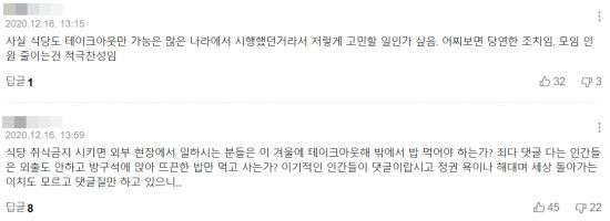 정부가 식당 내 취식 금지 등을 검토하고 있는 것으로 전해진 가운데 누리꾼들의 갑론을박이 이어지고 있다. 사진=네이버 기사 댓글 캡처.