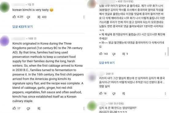 김치가 '중국 전통음식'이라는 해시태그가 달린 유튜브 영상에 한글과 영어로 '김치는 한국 음식'이라는 댓글이 달리고 있다. 사진='리즈치' 유튜브 채널 영상 댓글창 캡쳐